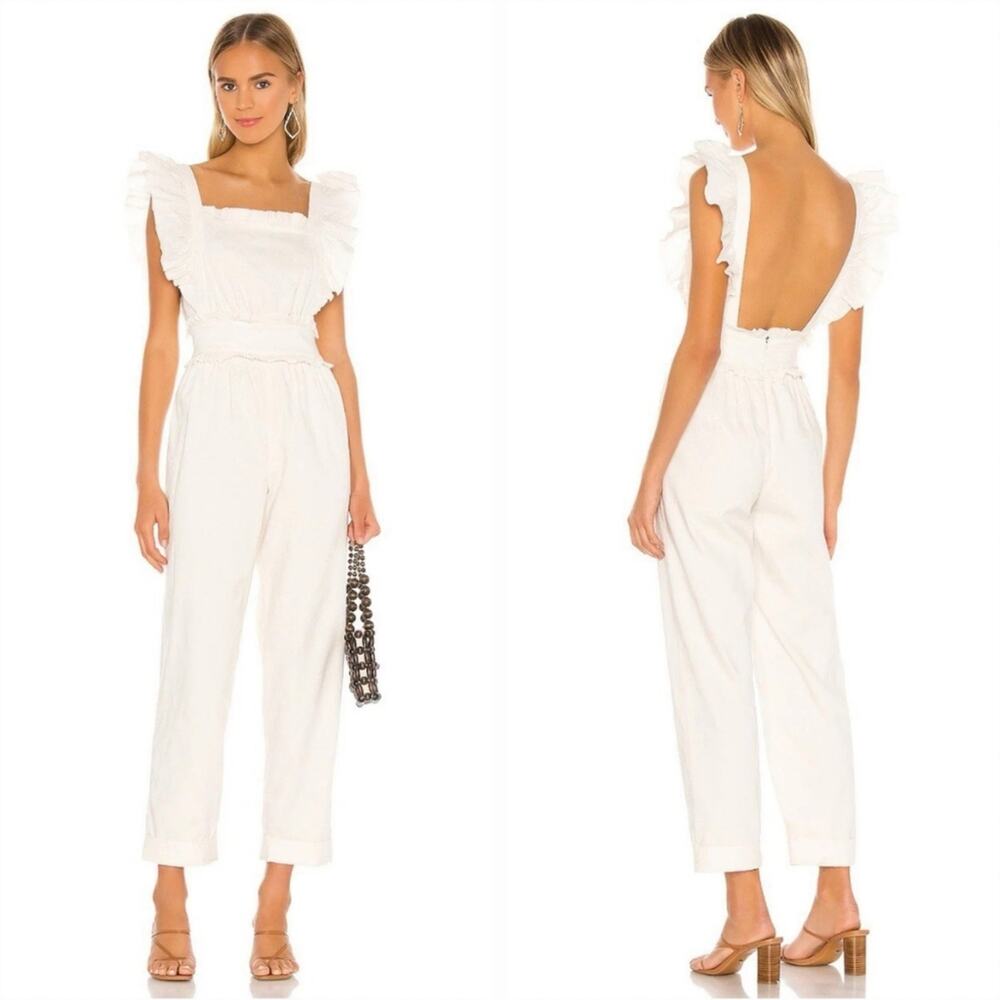 Tularosa Ames Ruffle Front Open Back Ivory Linen Blend Jumpsuit S